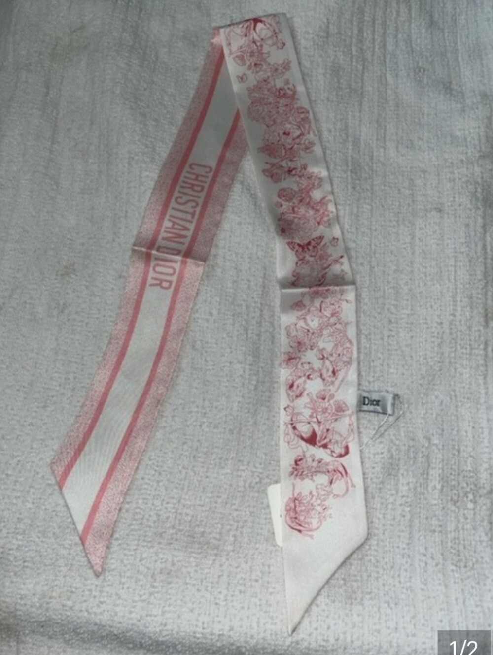 Dior Pink and White Logo Toile Silk Twilly Scarf